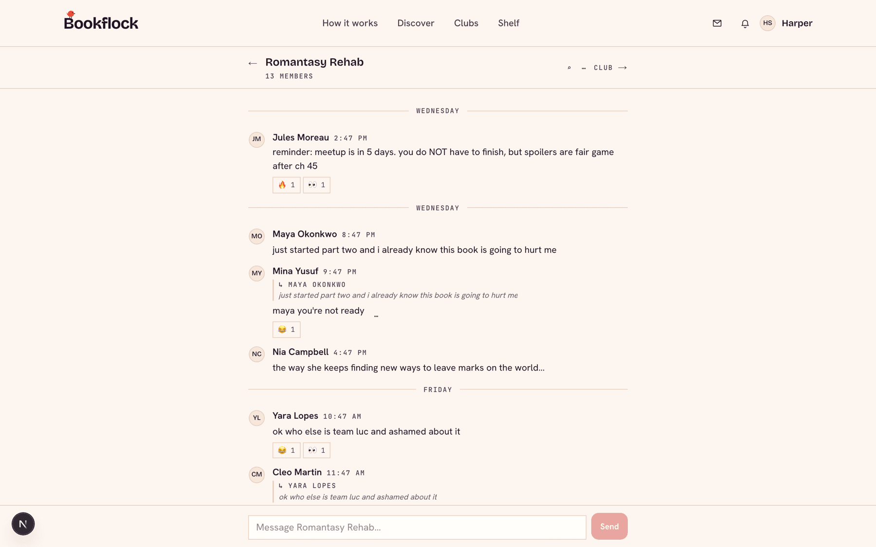 A book chat thread where a message tagged with a later chapter is hidden as a spoiler.