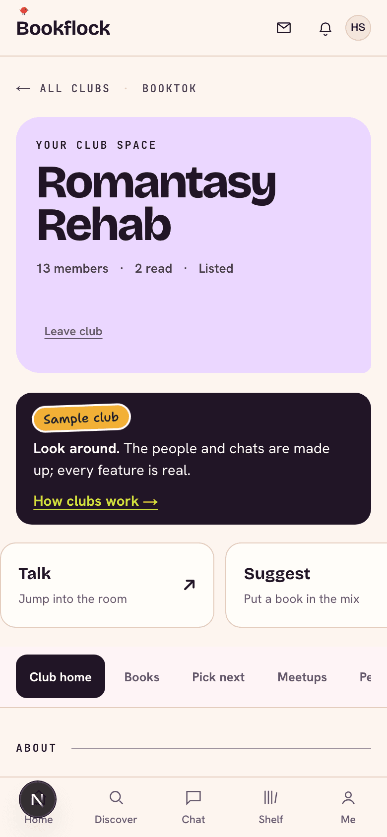 A sample Bookflock club on a phone: the current read, pace to the meetup, and the club chat.
