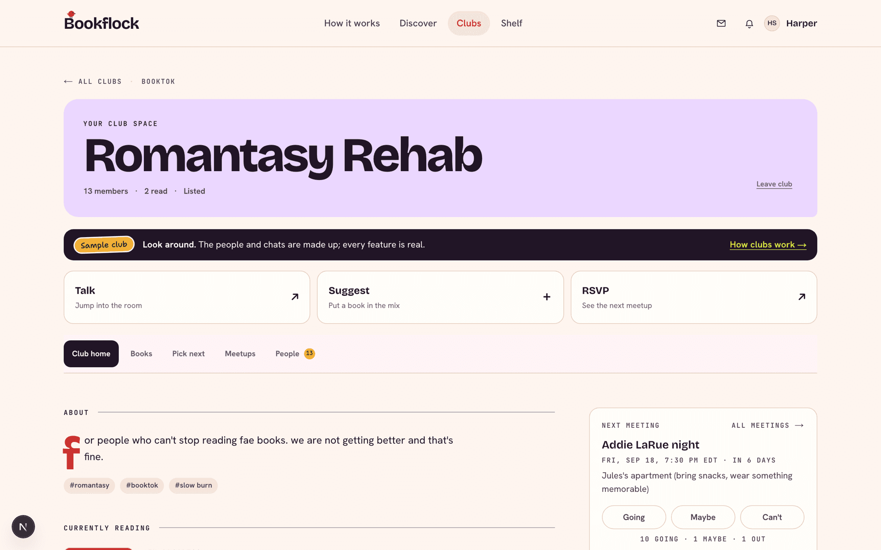 A sample club home page with the current read, reading pace, the next meetup, and recent chat.