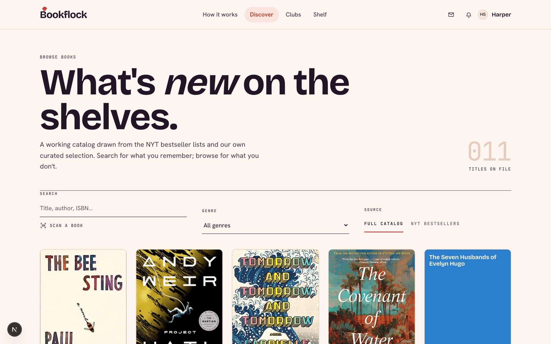 The Discover page with a grid of bestseller covers marked with their NYT rank.