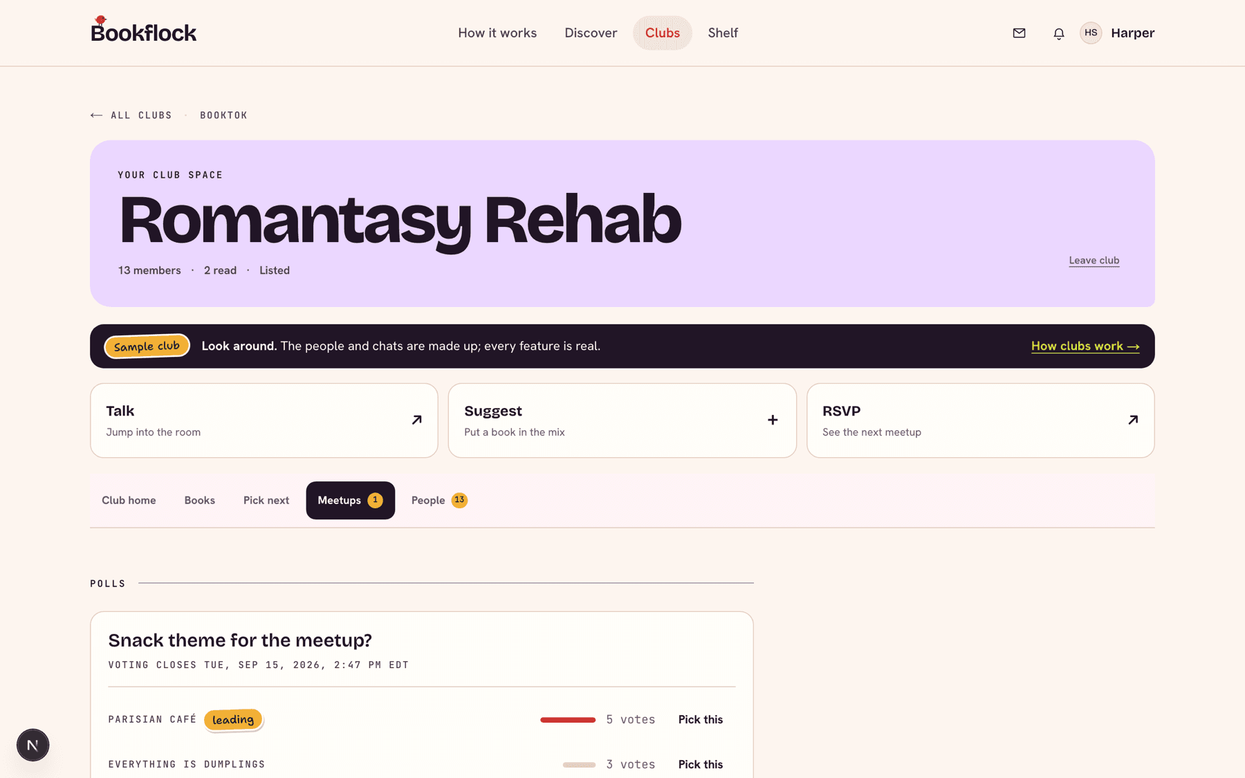 The Meetups tab with an upcoming meeting, RSVP counts, and a date poll.