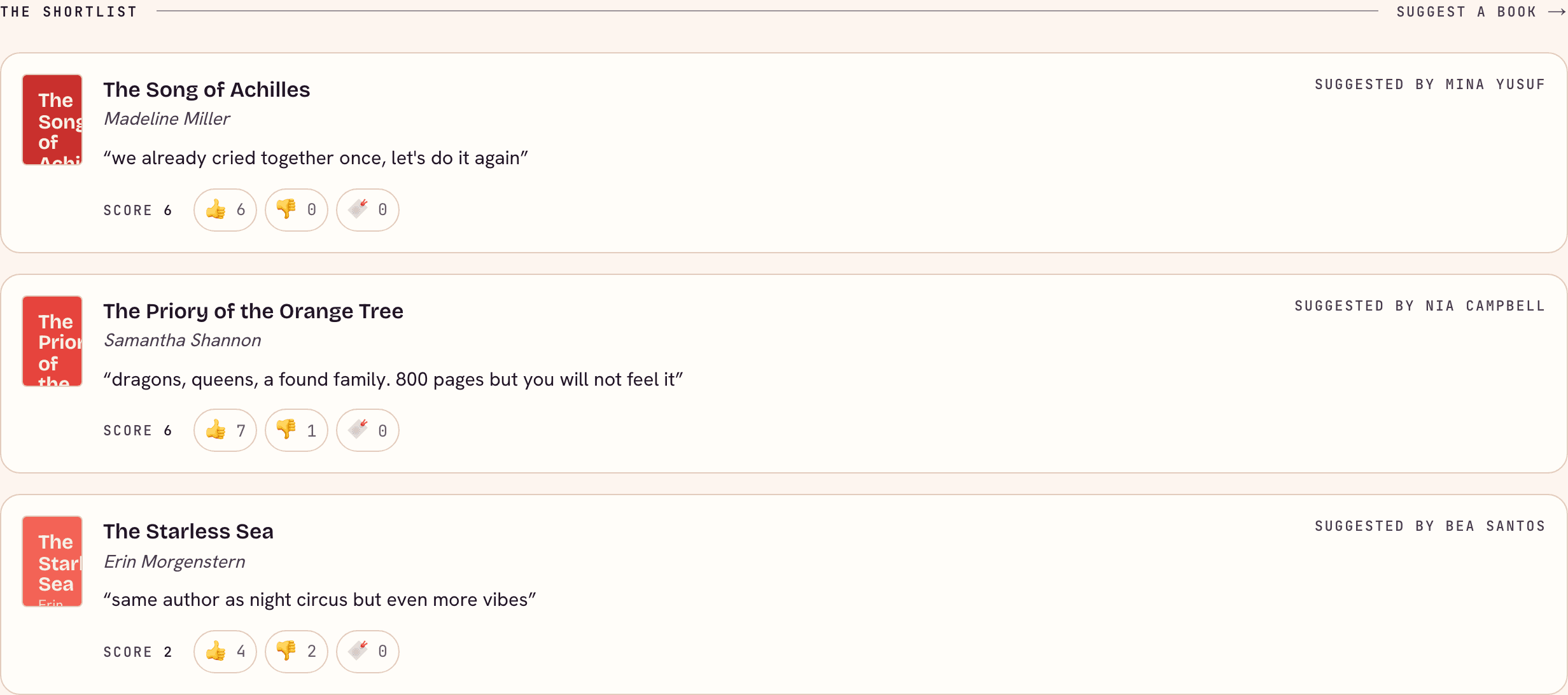 The Pick next tab: a shortlist of pitched books with reactions and an open vote.