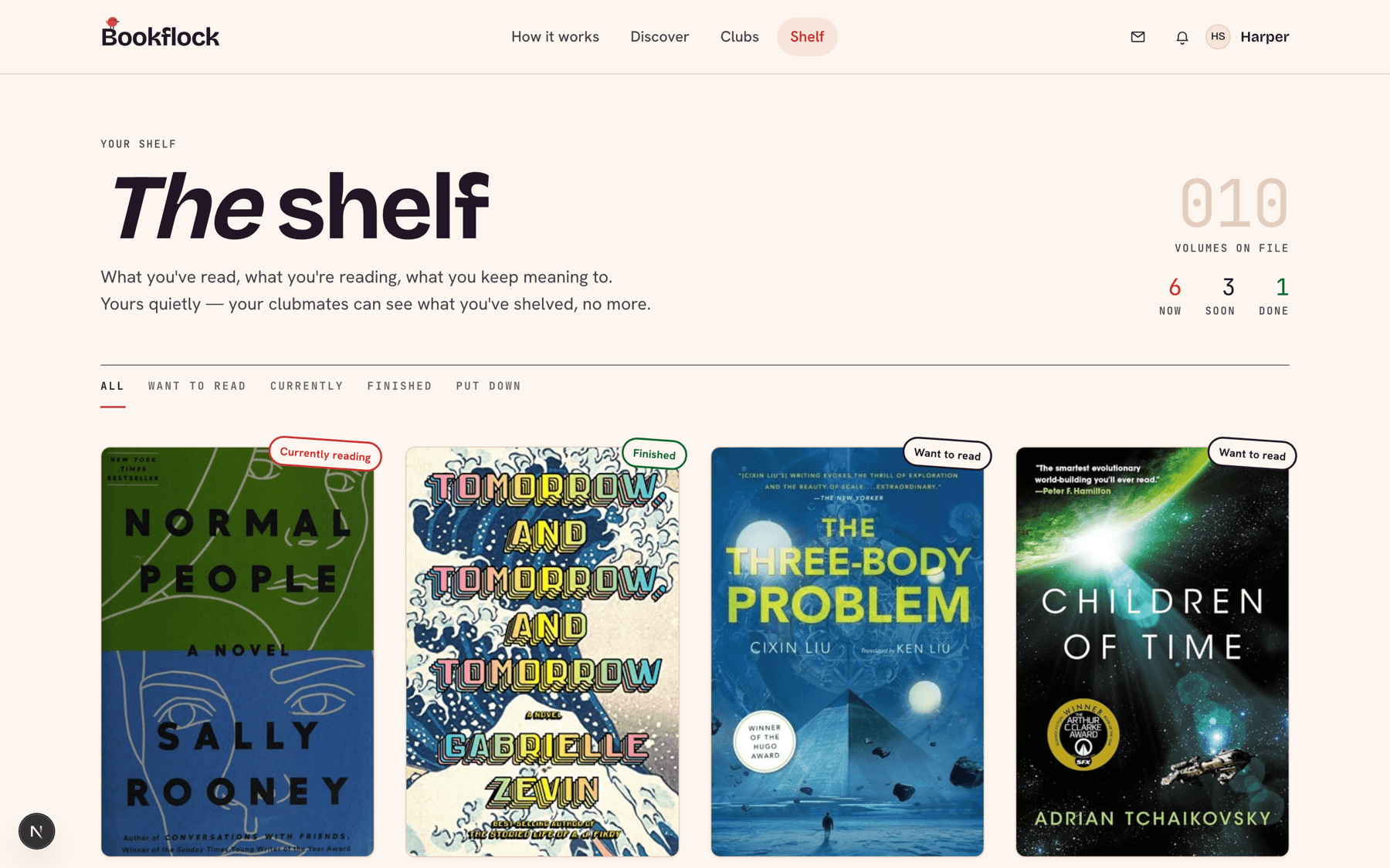 A personal shelf of book covers sorted into want to read, reading, read, and DNF.